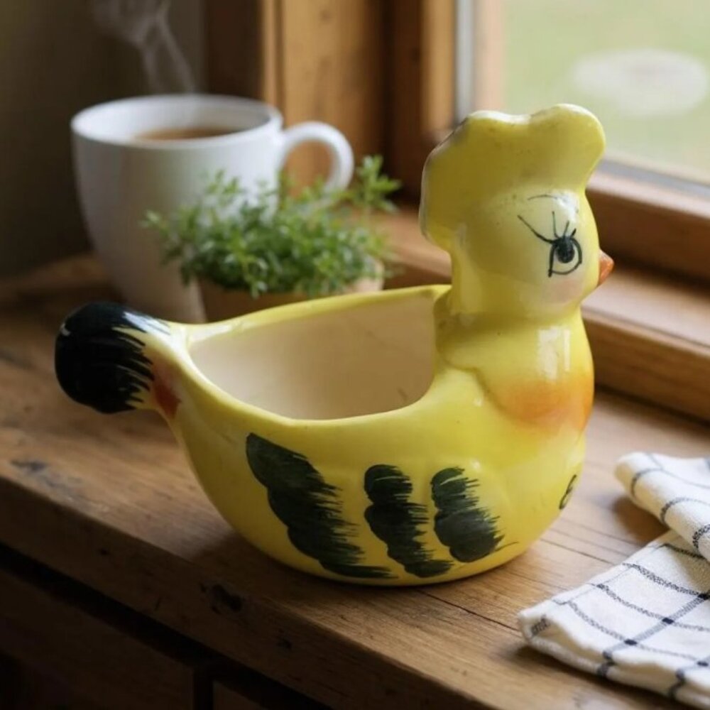 Vintage Yellow Ceramic Hen Egg Separator: Farmhouse Kitchen Decor